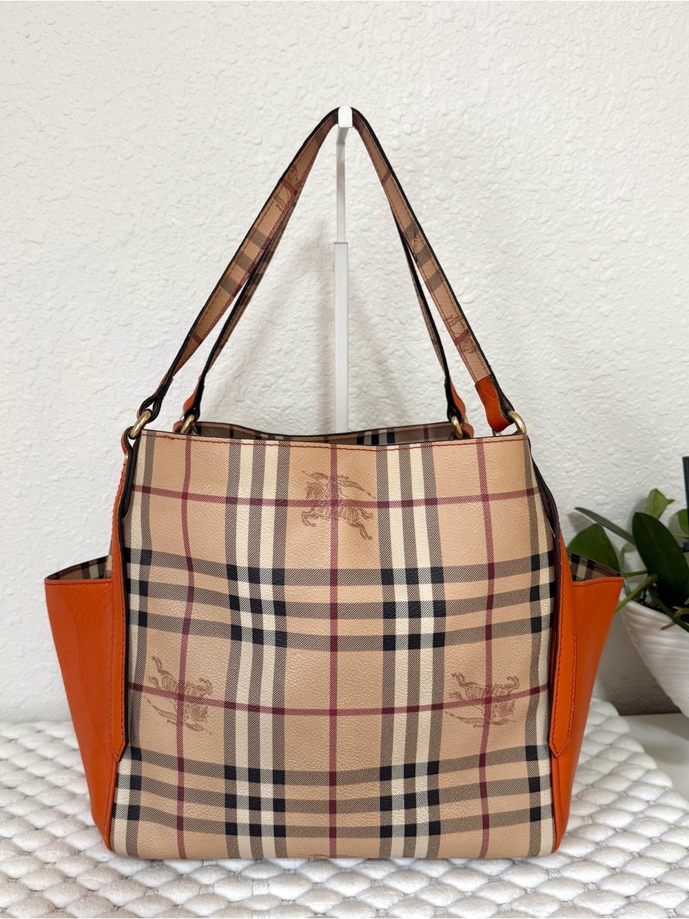 BURBERRY Canterbury Tote Shoulder Bag Haymarket Check Leather Orange